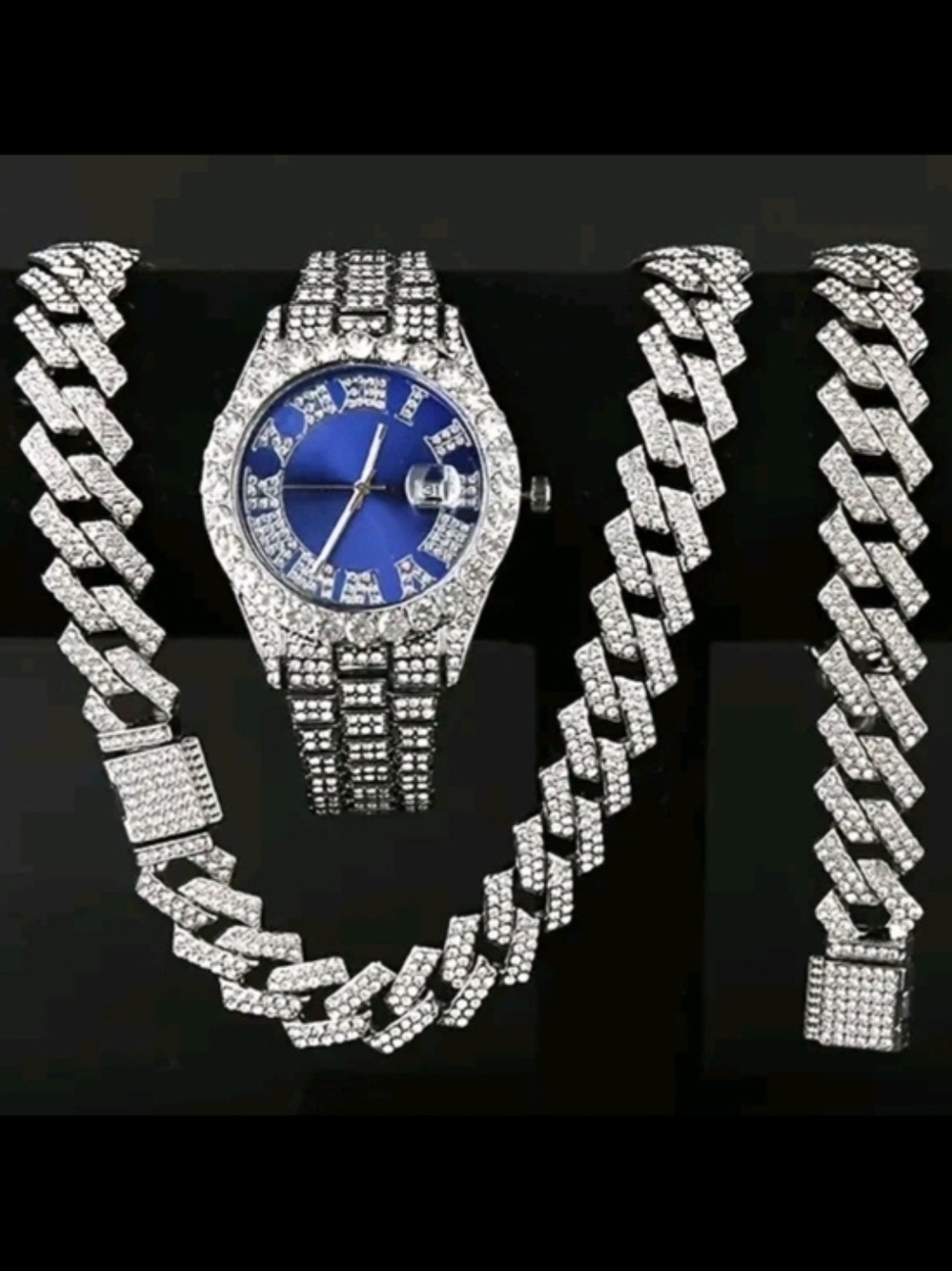 Men's Iced Blue Dial Silver-Tone Crystal Watch With Miami Cuban Link Chain Set.